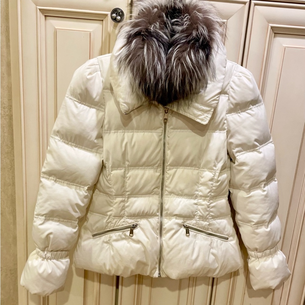 Andrew Marc White Down Puffer Jacket w/ Detachable Silver Fox Collar Medium